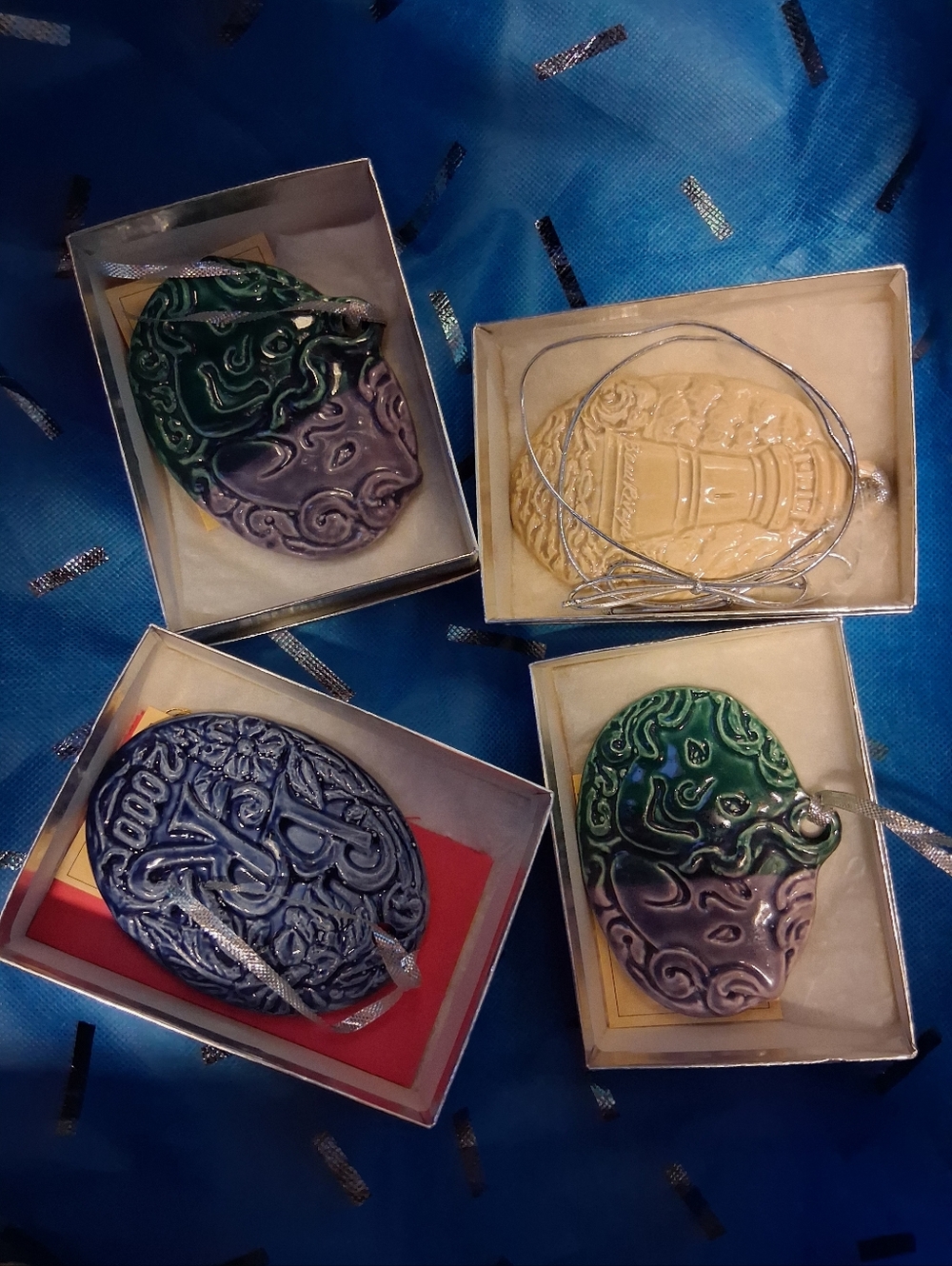 Handmade Ceramic Ornament Set - Green, Purple, Blue, Cream
